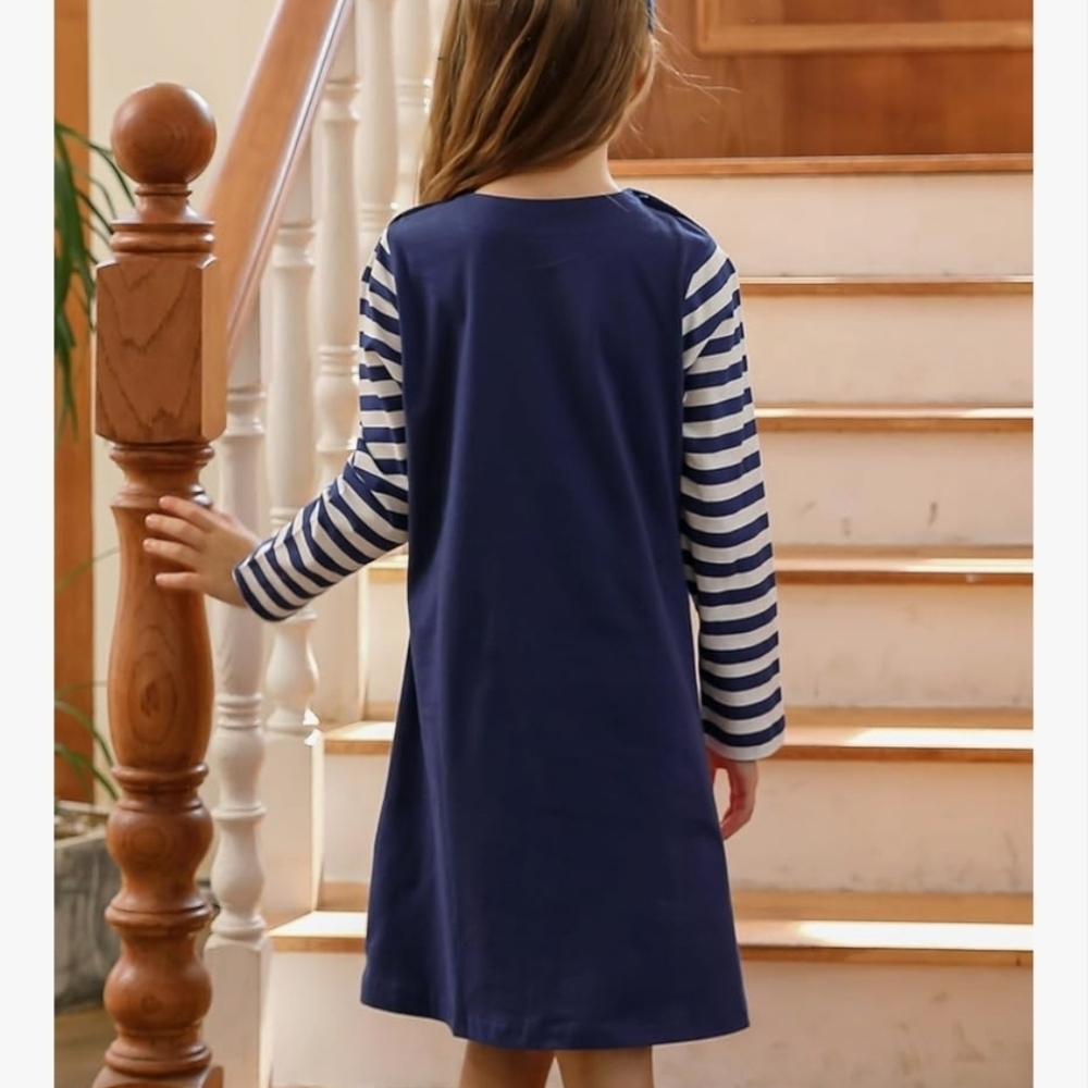 Navy Blue Striped Kids Nightgown with Dog Design - Picture 5 of 10